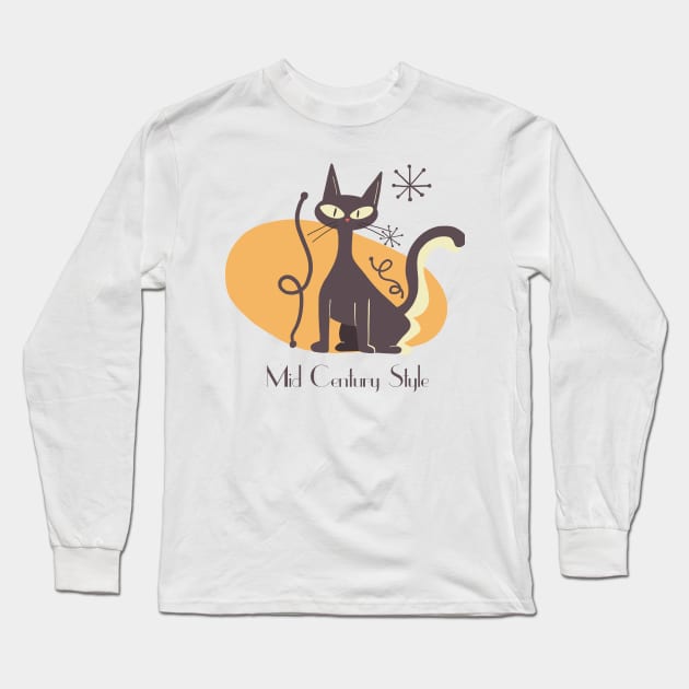 Mid Century Cat Illustration Long Sleeve T-Shirt by MariOyama